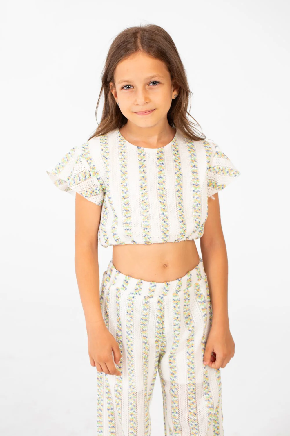 Girl's Striped Outfit Croped Ruffles On The Shoulder - Image 8