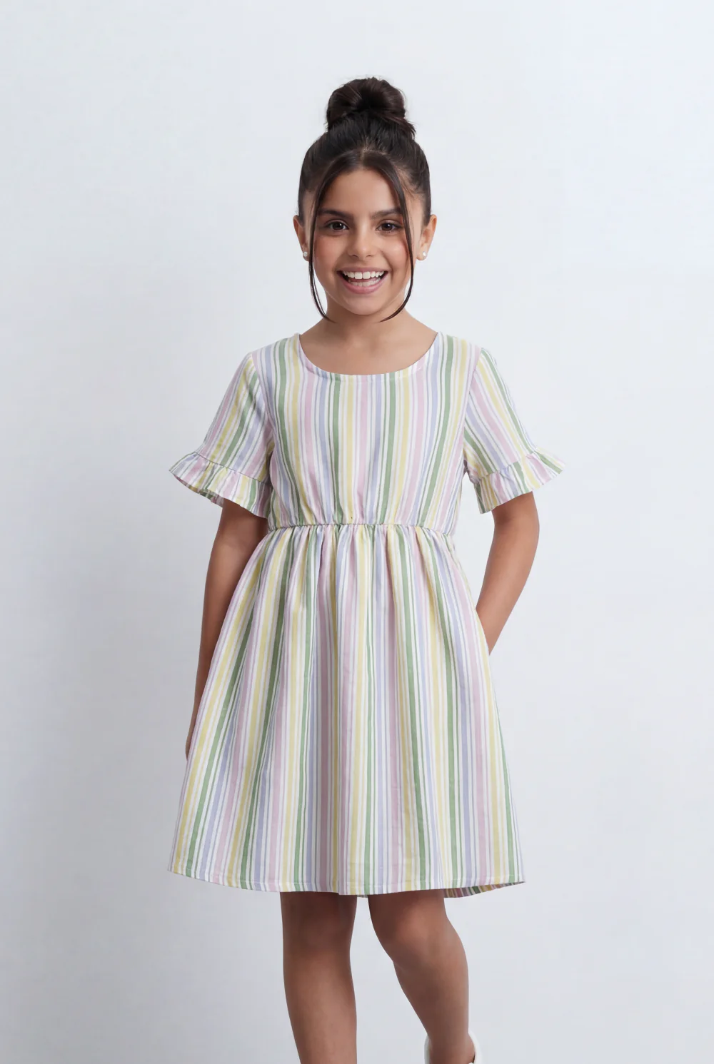 Girl's Striped Poplin Tomato Store Dress Flutter Sleeve Fit-And-Flare With Elasticated Waist
