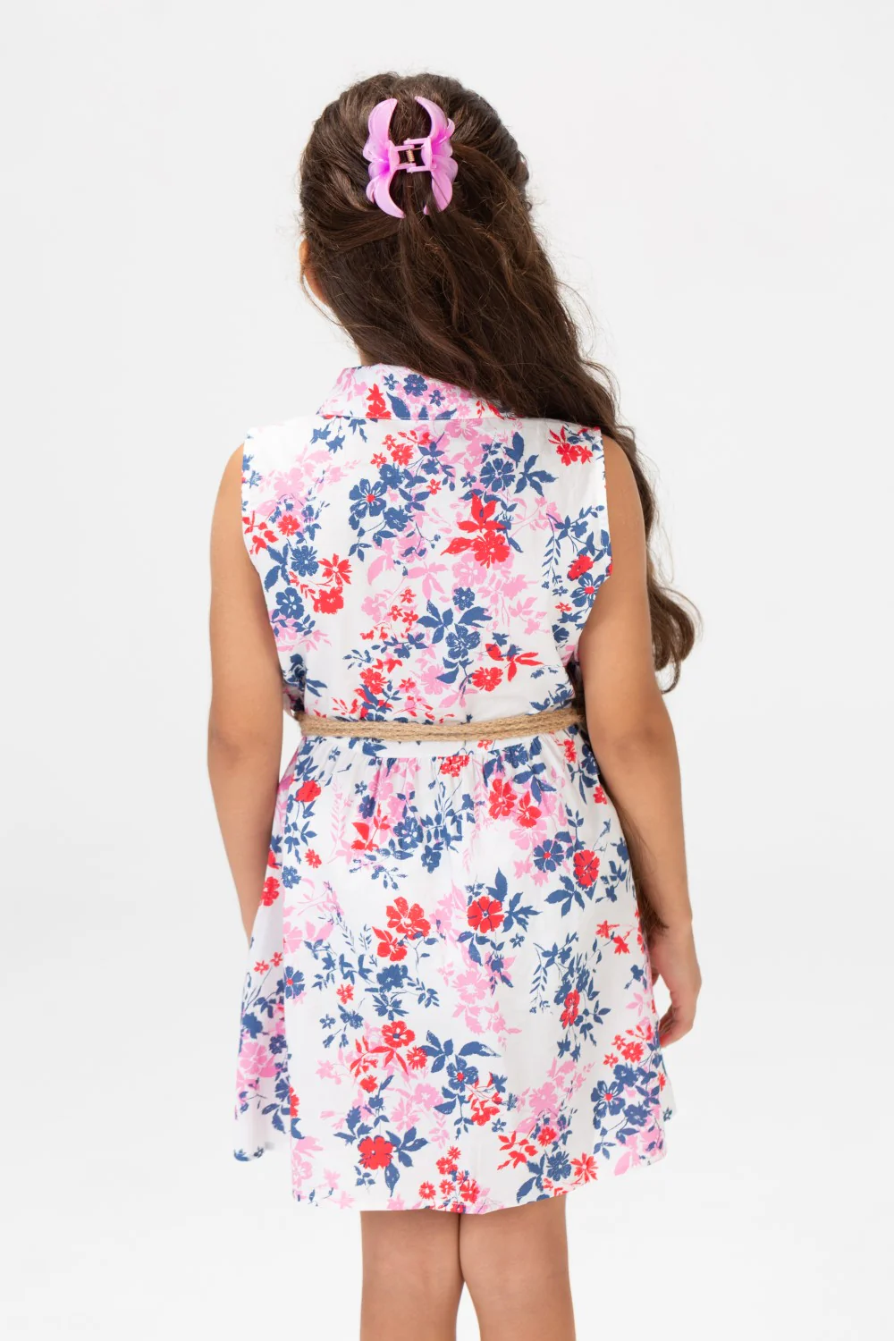 Girls Summer Floral Dress With Front Buttons And A Belt In The Middle Blue - Image 2