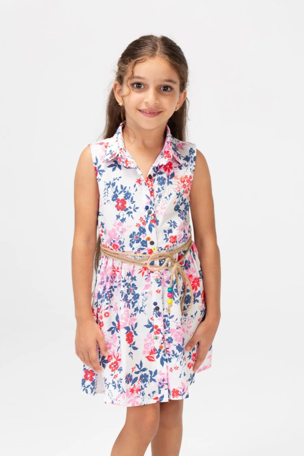 Girls Summer Floral Dress With Front Buttons And A Belt In The Middle Blue - Image 3