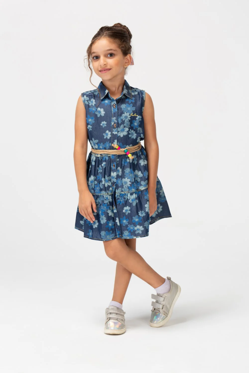 Girls Summer Floral Dress With Front Buttons In D-Blue - Image 3