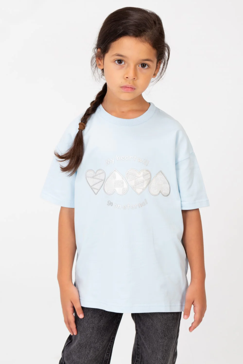 Girl's Summer Melton Lycra Front Hearts Print T-Shirt With Short Sleeves And Round Neck - Image 5