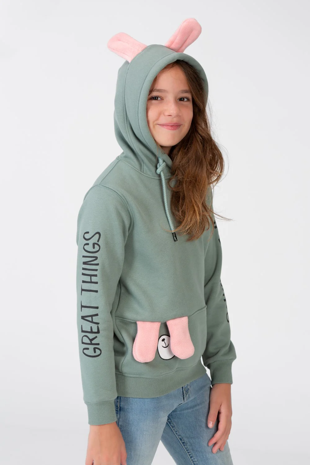 Girl's Sweatshirt With A Text Print On The shoulder And Hood - Image 11