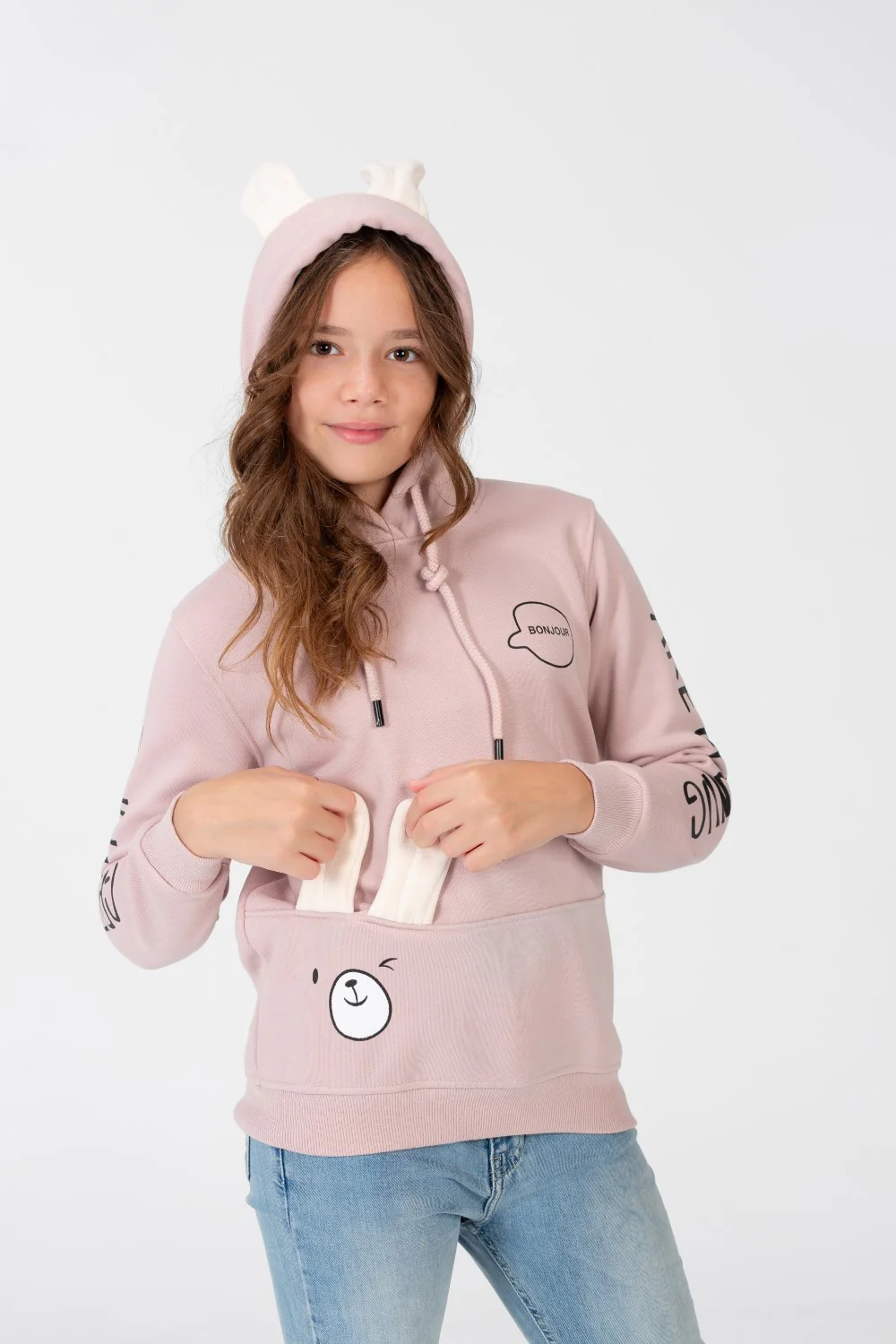 Girl's Sweatshirt With A Text Print On The shoulder And Hood - Image 5