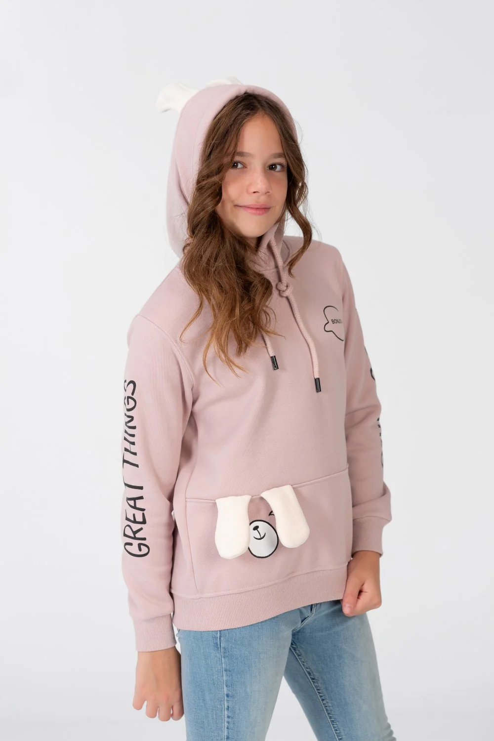 Girl's Sweatshirt With A Text Print On The shoulder And Hood - Image 7