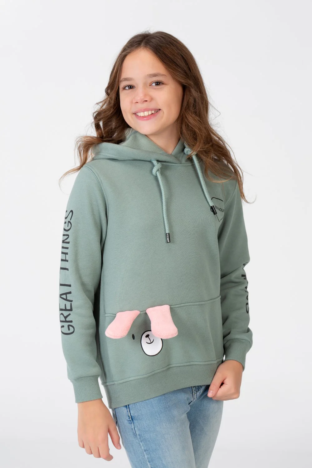 Girl's Sweatshirt With A Text Print On The shoulder And Hood - Image 9