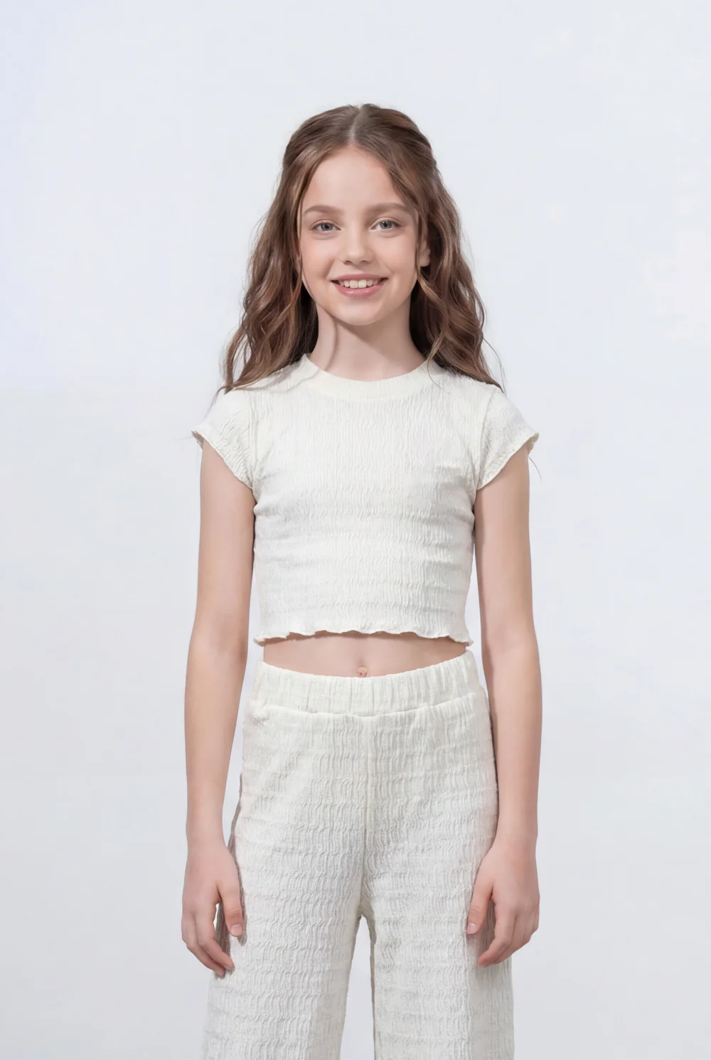 Girl's Tomato Store Textured Co-Ord Set Featuring Smocked Cropped Outfit Crinkle Fabric - Image 11