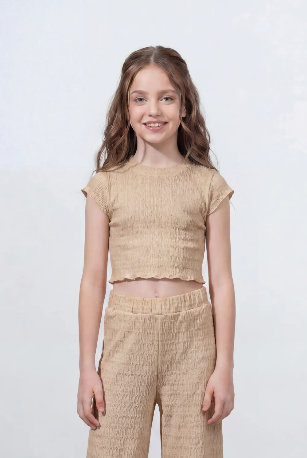 Girl's Tomato Store Textured Co-Ord Set Featuring Smocked Cropped Outfit Crinkle Fabric - Image 3