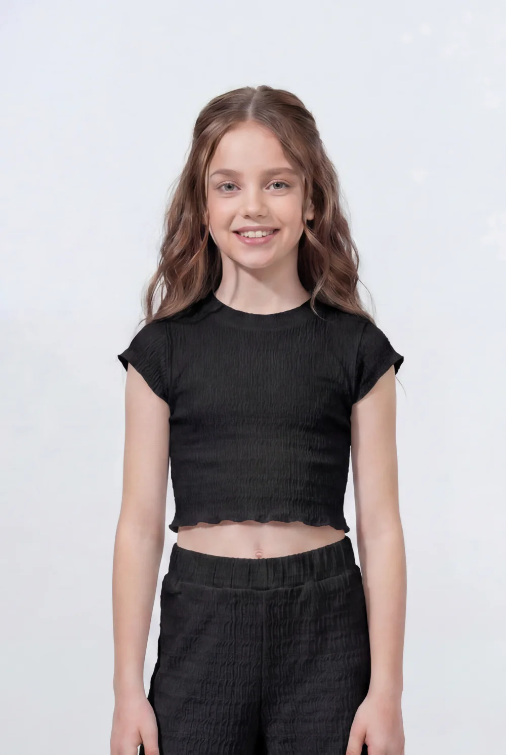Girl's Tomato Store Textured Co-Ord Set Featuring Smocked Cropped Outfit Crinkle Fabric - Image 8
