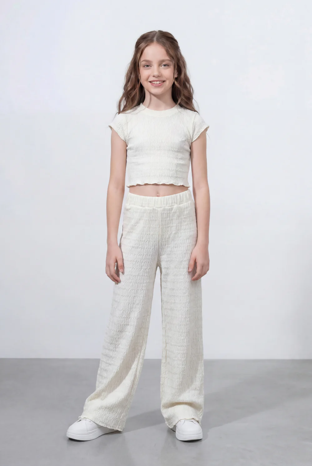 Girl's Tomato Store Textured Co-Ord Set Featuring Smocked Cropped Outfit Crinkle Fabric - Image 9