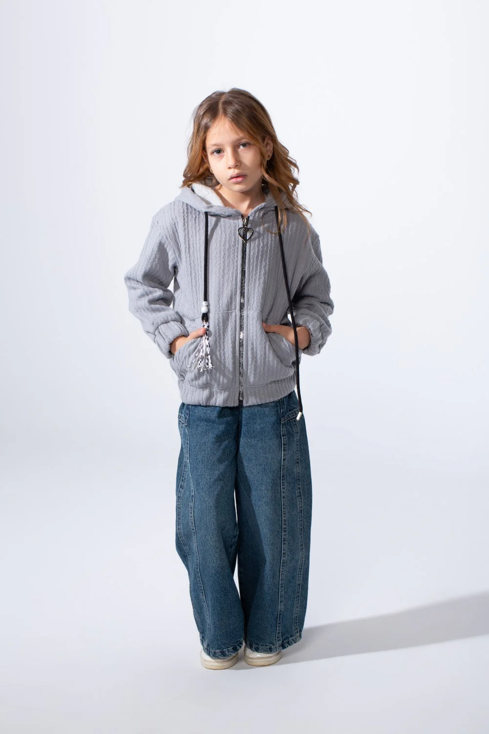 Girl's Textured Zip-Up Ribbed Patterns Split Kangaroo Front Pockets Tomato Store Slim Fit Sweatshirt - Image 11