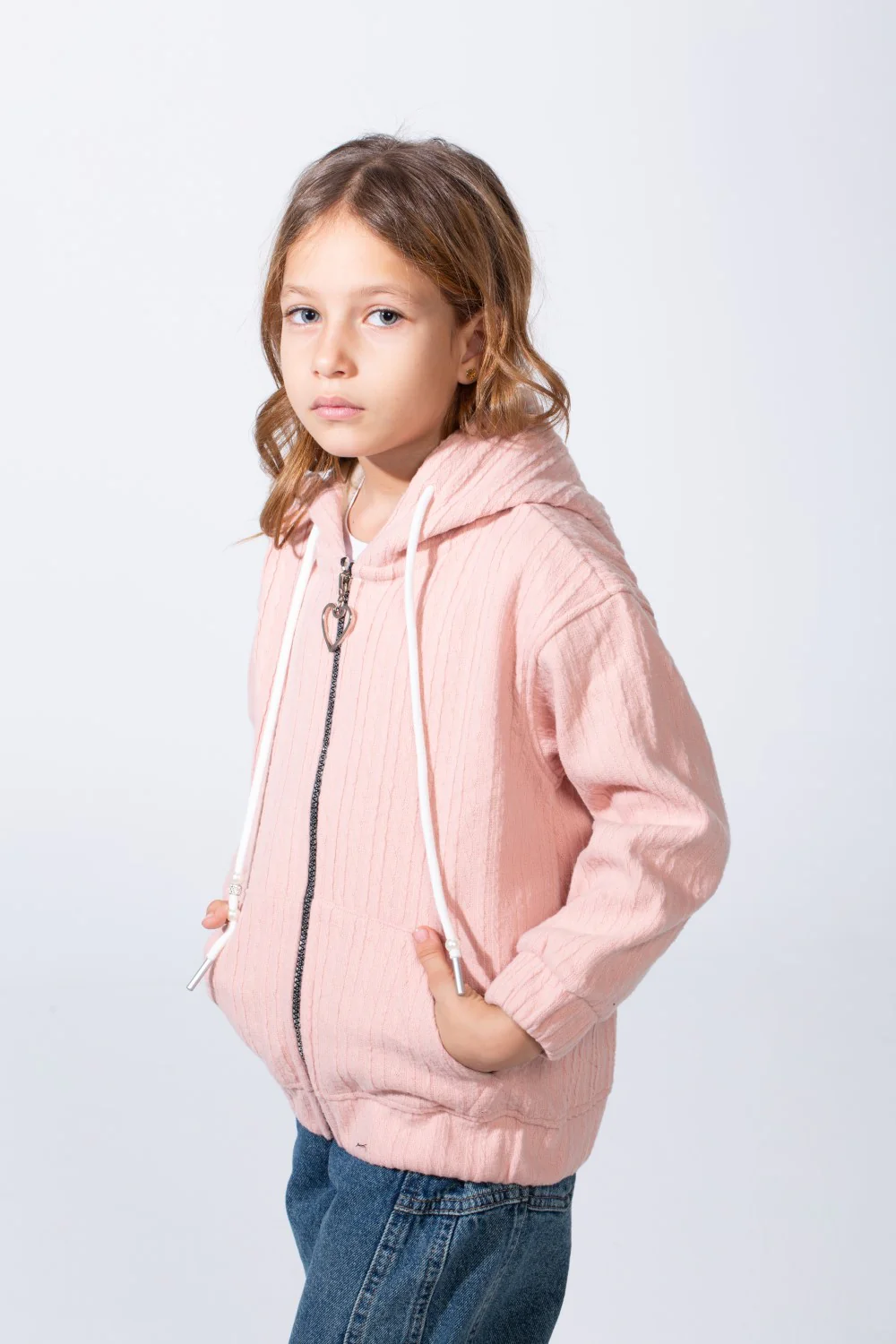 Girl's Textured Zip-Up Ribbed Patterns Split Kangaroo Front Pockets Tomato Store Slim Fit Sweatshirt - Image 8