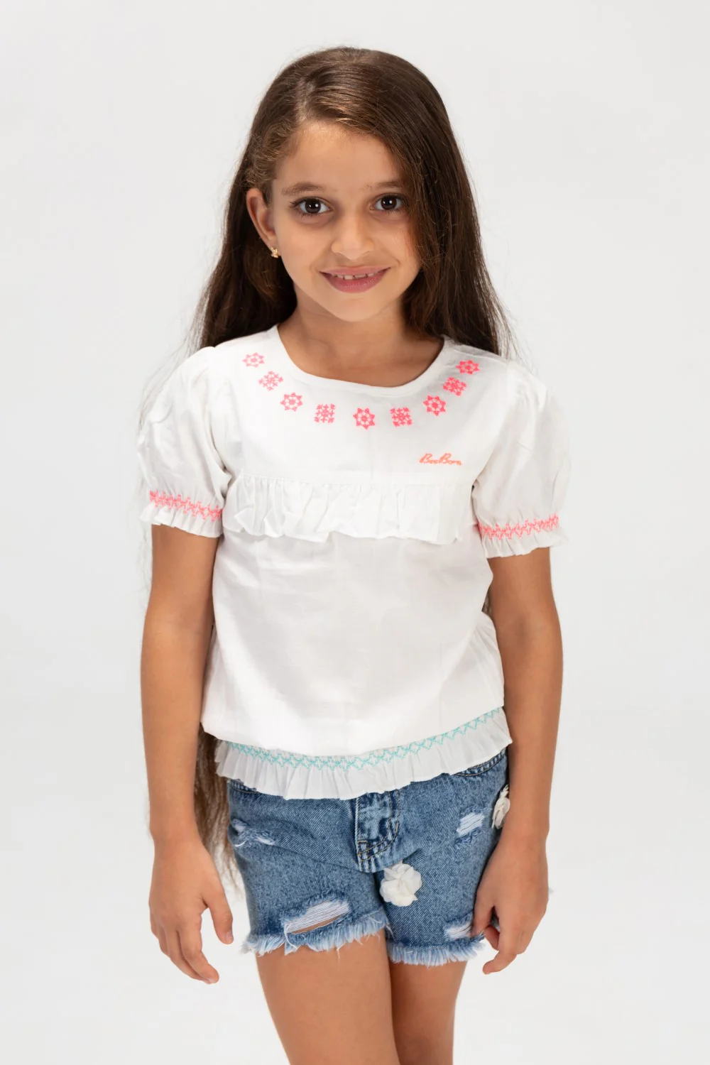 Girls Tomato Blouse In Sleeved Fabric With Colorful Back Buttons - Image 3