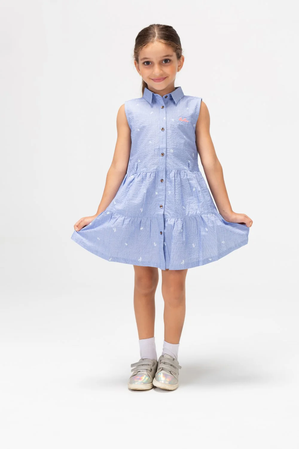 Girls Tomato Printed Cut Dress With Front Buttons And Waist Belt Blue - Image 3