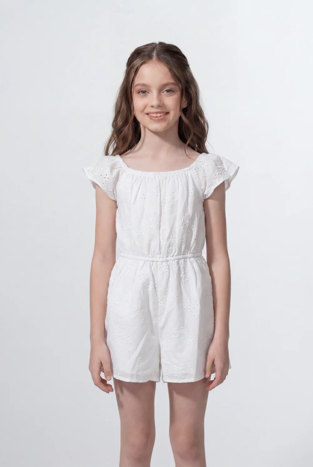 Girl's Tomato Store Broderie Romper Embroidered Eyelet Fabric Flutter Sleeve Detail Jumpsuit