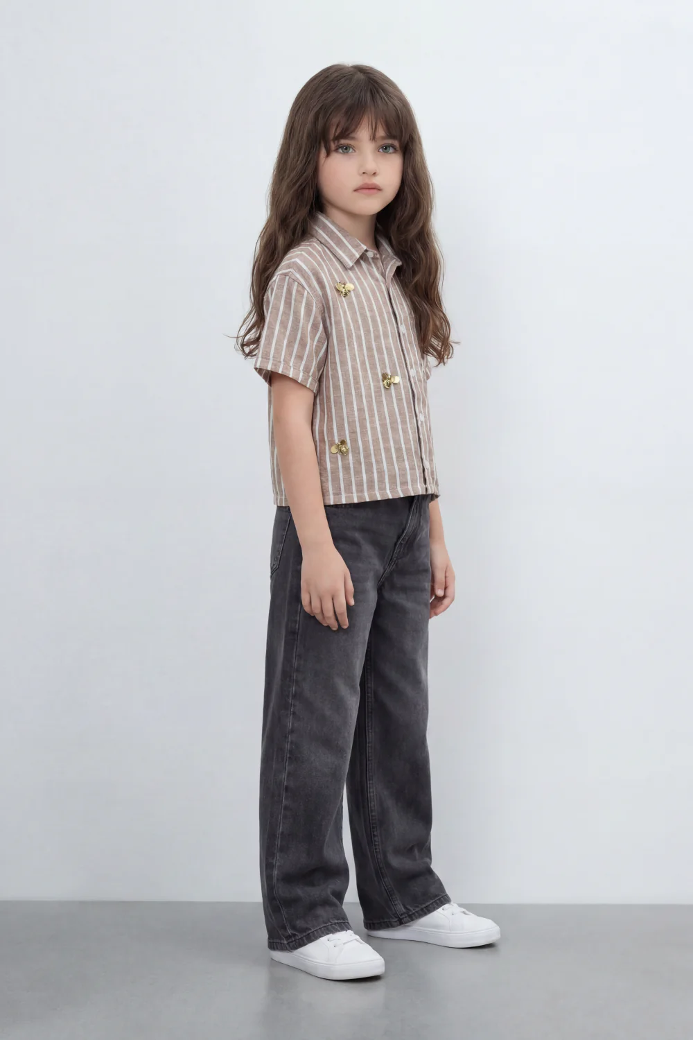 Girl's Tomato Store Butterfly Stripe Blouse Vertical Line Print Covers The Body With Raised Metallic Butterfly - Image 3