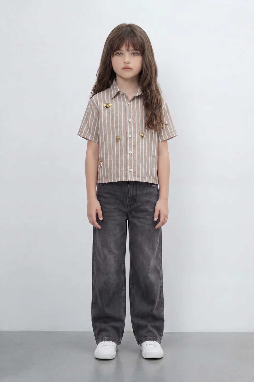 Girl's Tomato Store Butterfly Stripe Blouse Vertical Line Print Covers The Body With Raised Metallic Butterfly - Image 4
