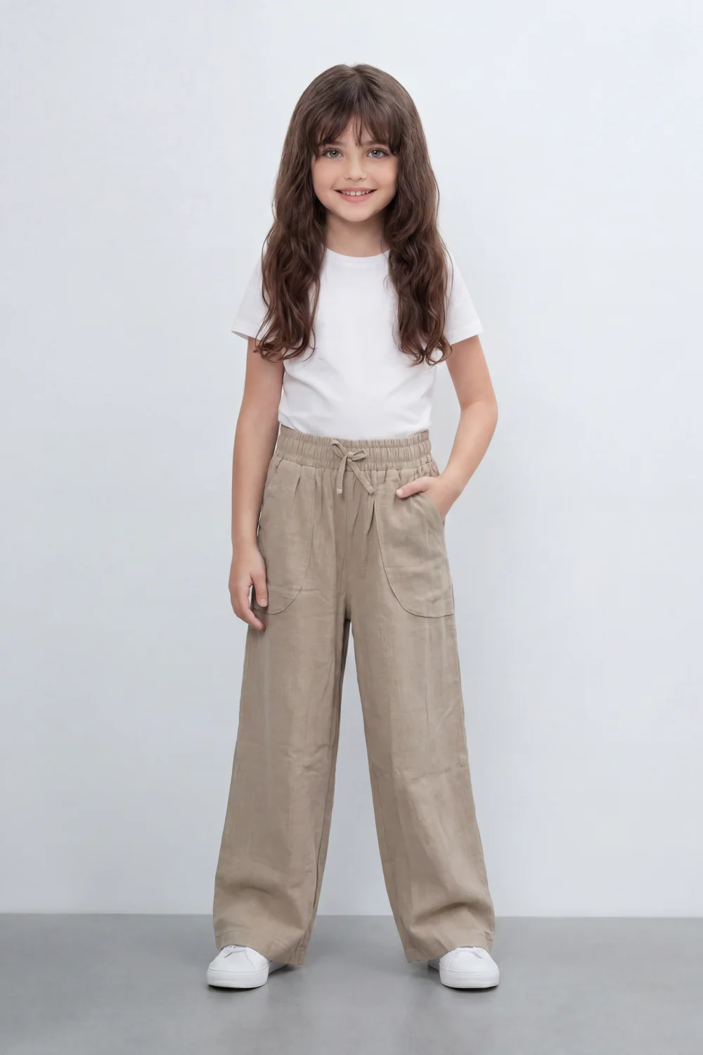 Girl's Tomato Store Easy Terrain Wide Leg Pants With Linen Look Slub Texture Soft Garment Washed Surface Curved Pocket Detail - Image 7