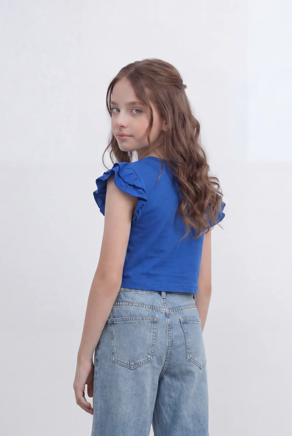 Girls Tomato Store Graphic Crop Top With Ruffle Sleeves Floral Front Print T-Shirt - Image 2