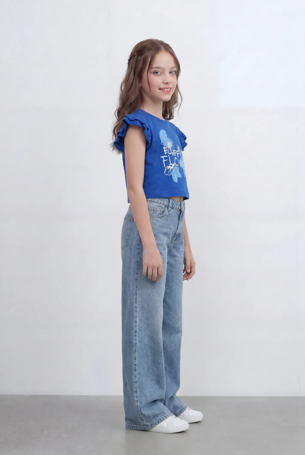 Girls Tomato Store Graphic Crop Top With Ruffle Sleeves Floral Front Print T-Shirt - Image 4
