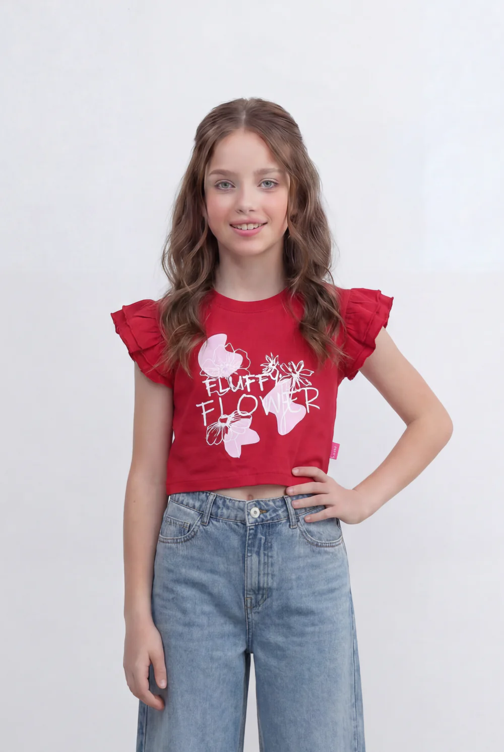 Girls Tomato Store Graphic Crop Top With Ruffle Sleeves Floral Front Print T-Shirt - Image 5