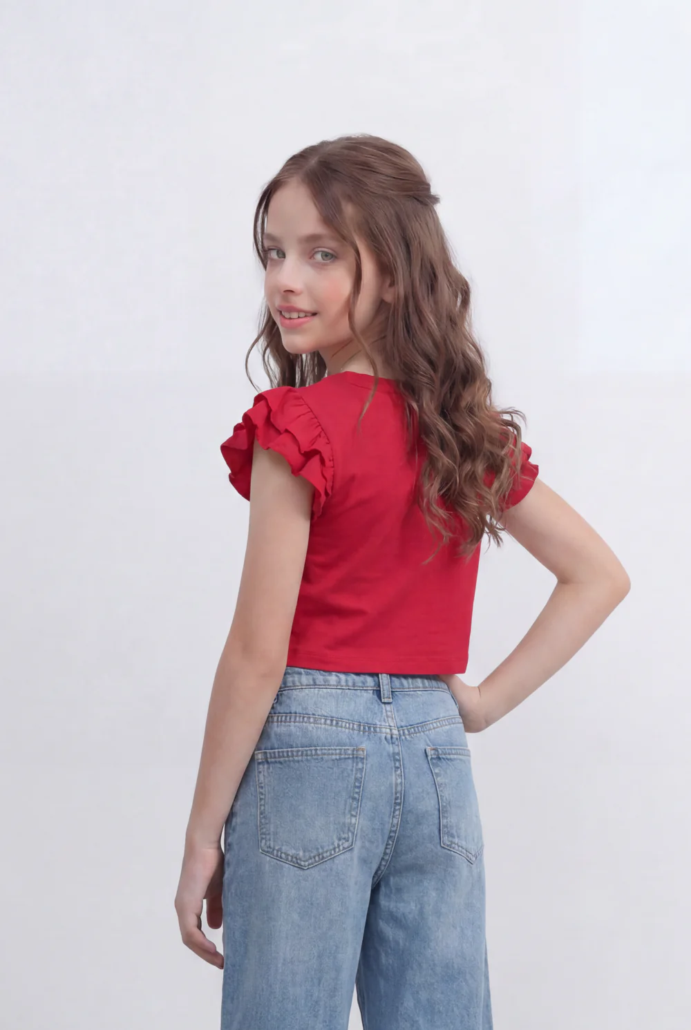 Girls Tomato Store Graphic Crop Top With Ruffle Sleeves Floral Front Print T-Shirt - Image 6