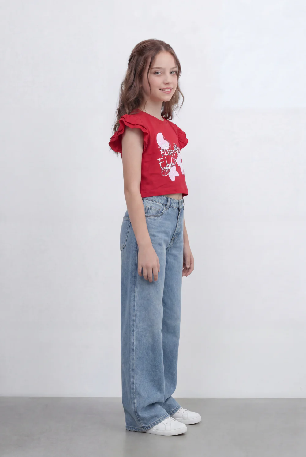 Girls Tomato Store Graphic Crop Top With Ruffle Sleeves Floral Front Print T-Shirt - Image 8
