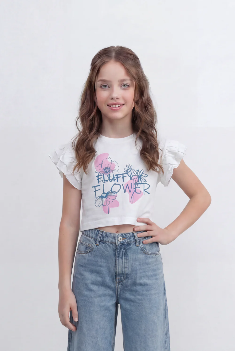 Girls Tomato Store Graphic Crop Top With Ruffle Sleeves Floral Front Print T-Shirt - Image 9