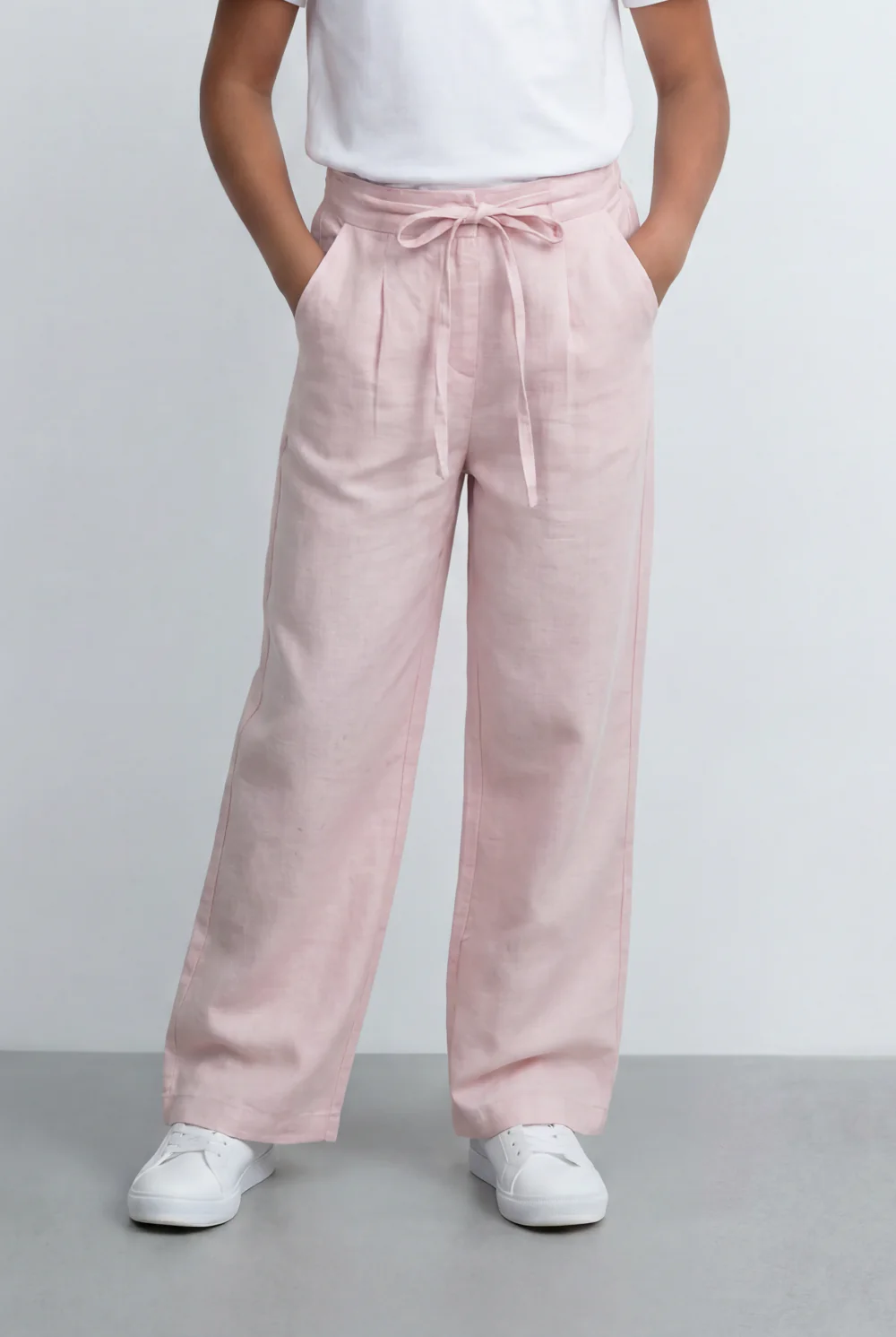 Girl's Tomato Store Linen Blend Pants Tie Waist Detail Front Pleat Finish Regular Fit Pants - Image 17