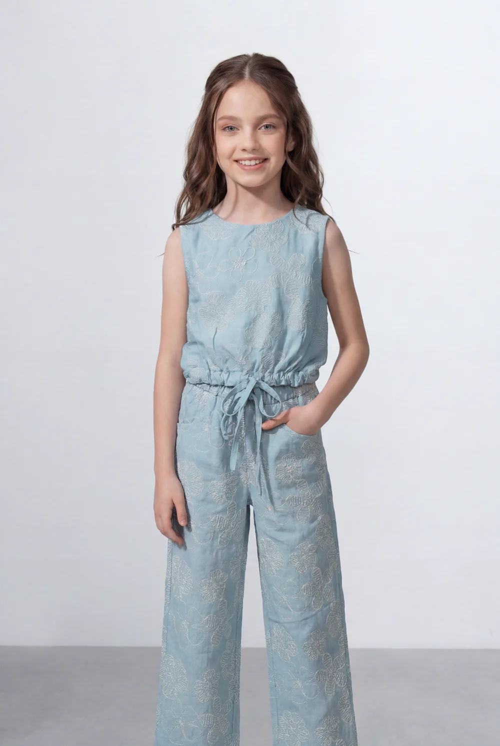 Girl's Tomato Store Linen Textured Outfit Set Sleeveless Top Elastic Waist Detail Embossed Fabric Pattern - Image 11