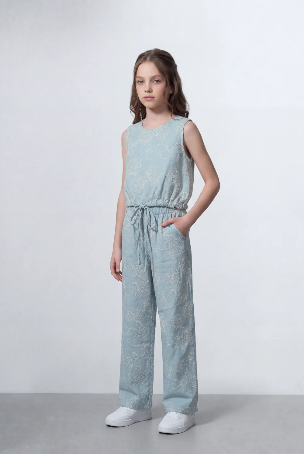 Girl's Tomato Store Linen Textured Outfit Set Sleeveless Top Elastic Waist Detail Embossed Fabric Pattern - Image 12