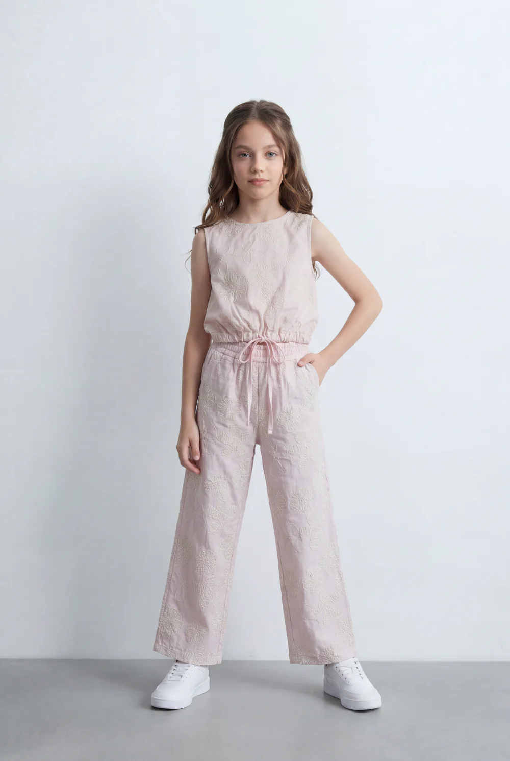 Girl's Tomato Store Linen Textured Outfit Set Sleeveless Top Elastic Waist Detail Embossed Fabric Pattern - Image 13