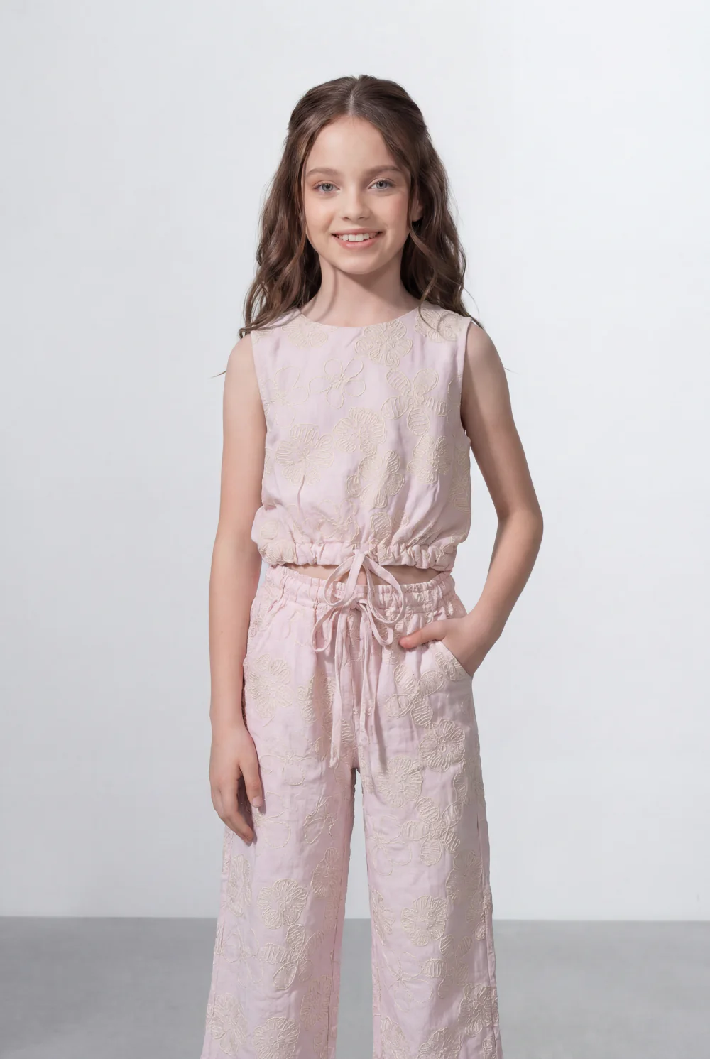 Girl's Tomato Store Linen Textured Outfit Set Sleeveless Top Elastic Waist Detail Embossed Fabric Pattern - Image 15