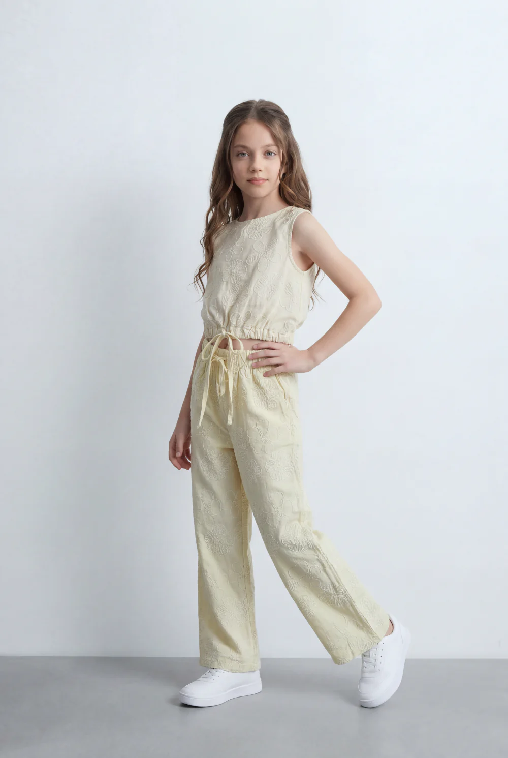 Girl's Tomato Store Linen Textured Outfit Set Sleeveless Top Elastic Waist Detail Embossed Fabric Pattern - Image 17