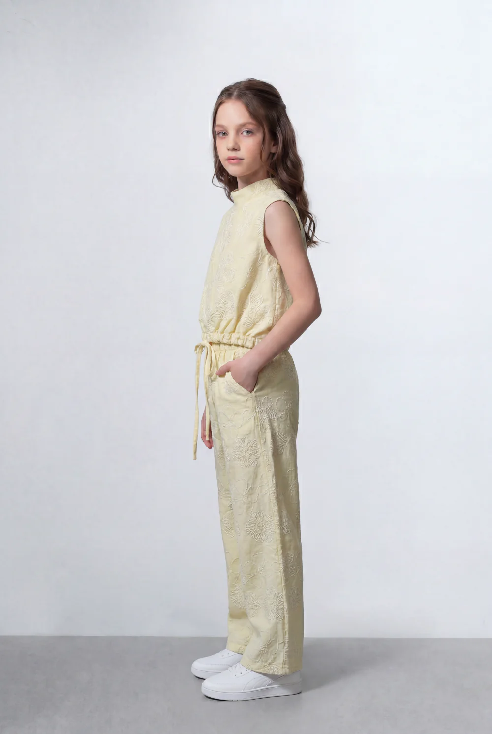 Girl's Tomato Store Linen Textured Outfit Set Sleeveless Top Elastic Waist Detail Embossed Fabric Pattern - Image 20