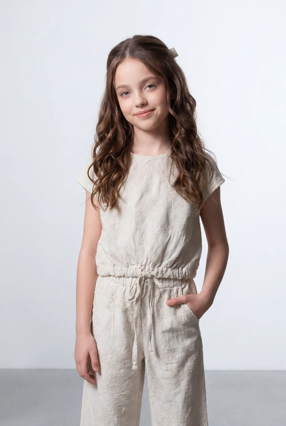 Girl's Tomato Store Linen Textured Outfit Set Sleeveless Top Elastic Waist Detail Embossed Fabric Pattern - Image 7