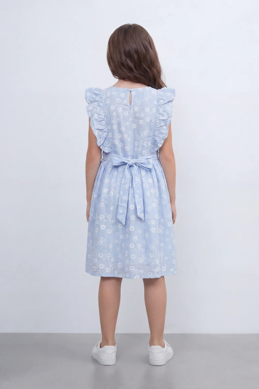 Girl's Tomato Store Meadow Bloom Tie Back Dress With Seersucker Woven Texture Allover Daisy Floral Print Front And Back - Image 2