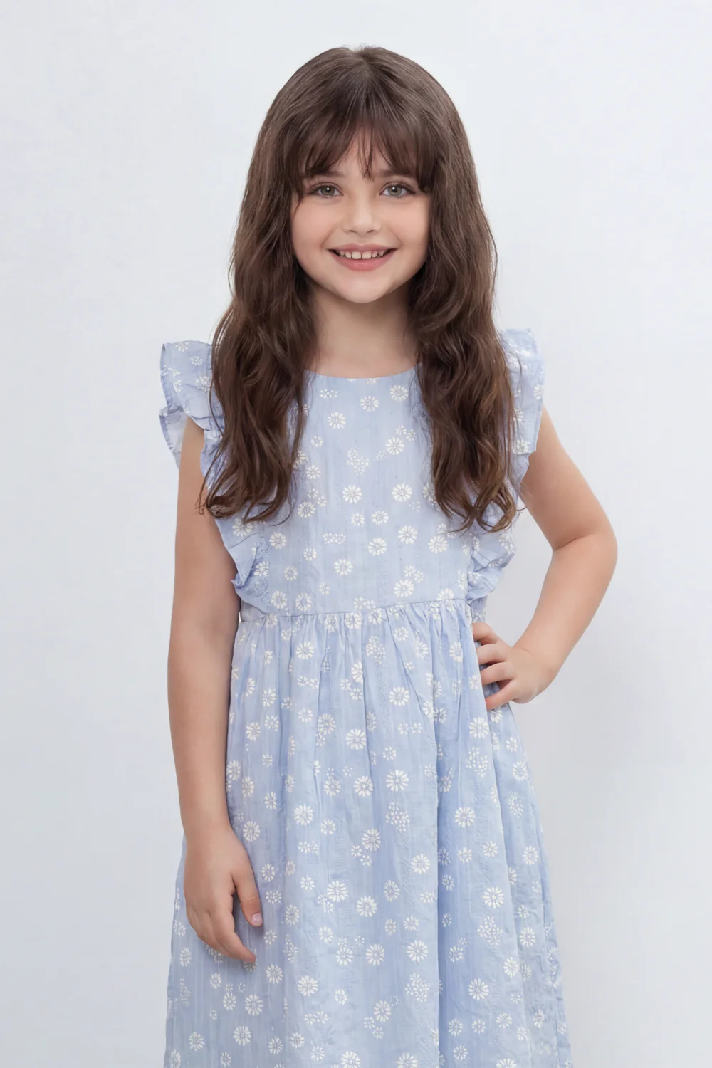 Girl's Tomato Store Meadow Bloom Tie Back Dress With Seersucker Woven Texture Allover Daisy Floral Print Front And Back - Image 3