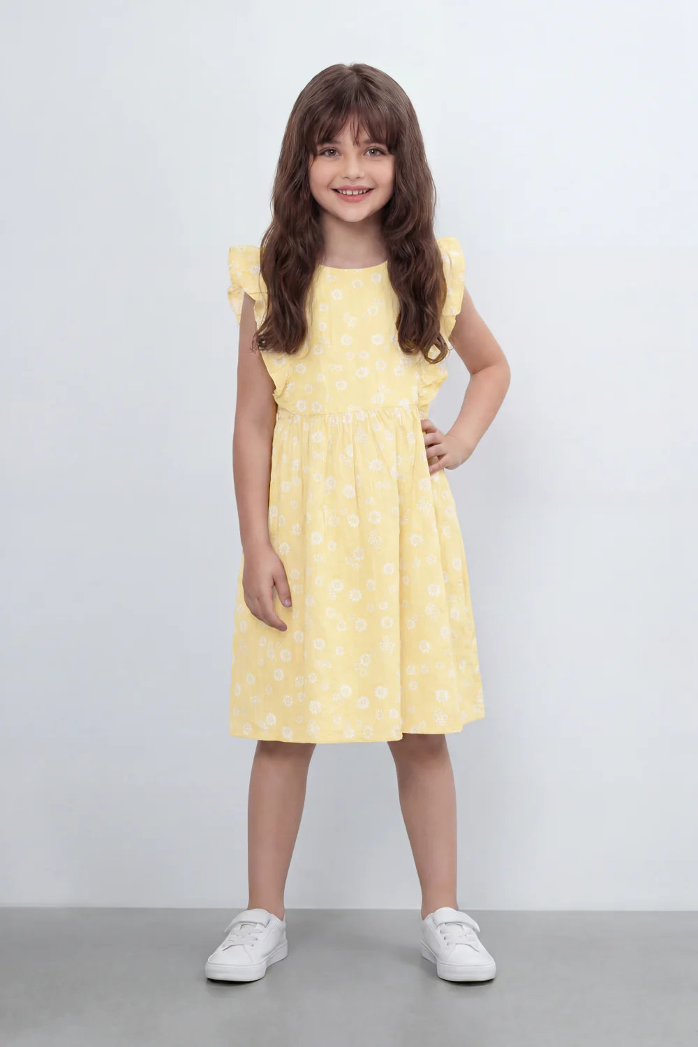 Girl's Tomato Store Meadow Bloom Tie Back Dress With Seersucker Woven Texture Allover Daisy Floral Print Front And Back - Image 5