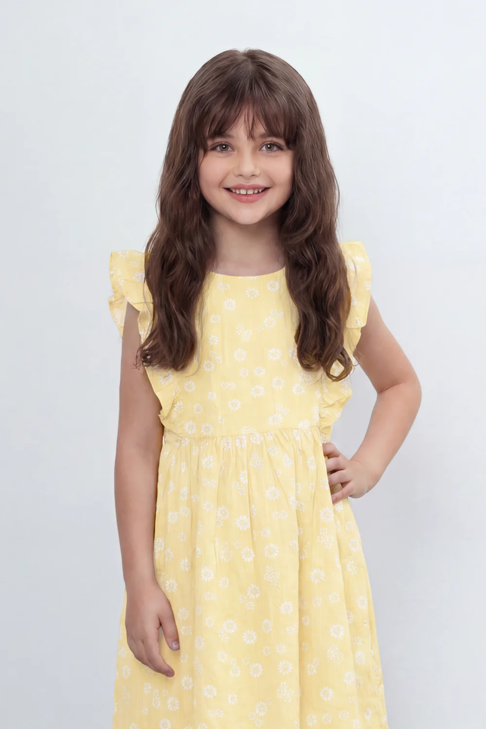 Girl's Tomato Store Meadow Bloom Tie Back Dress With Seersucker Woven Texture Allover Daisy Floral Print Front And Back - Image 7