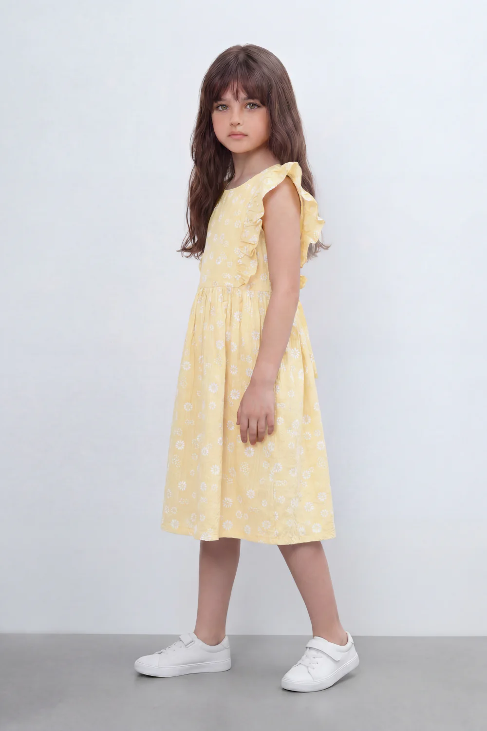 Girl's Tomato Store Meadow Bloom Tie Back Dress With Seersucker Woven Texture Allover Daisy Floral Print Front And Back - Image 8