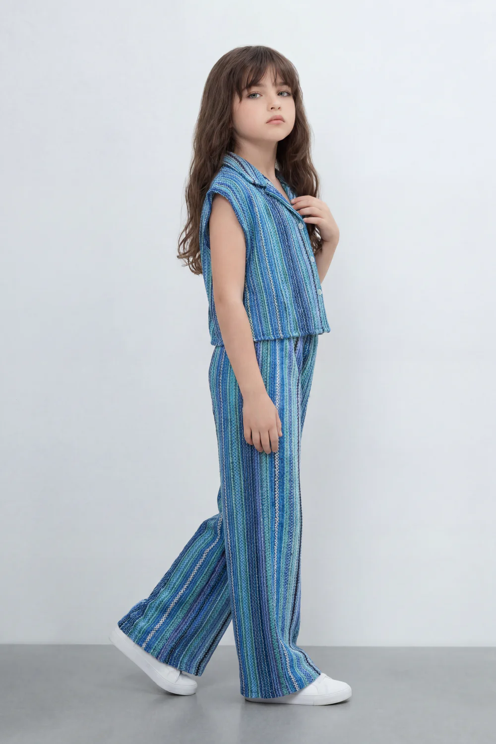 Girl's Tomato Store Prism Stripe Co-Ord Set With Allover Space Dyed Stripe Pattern Raised Rib Texture Outfit - Image 3