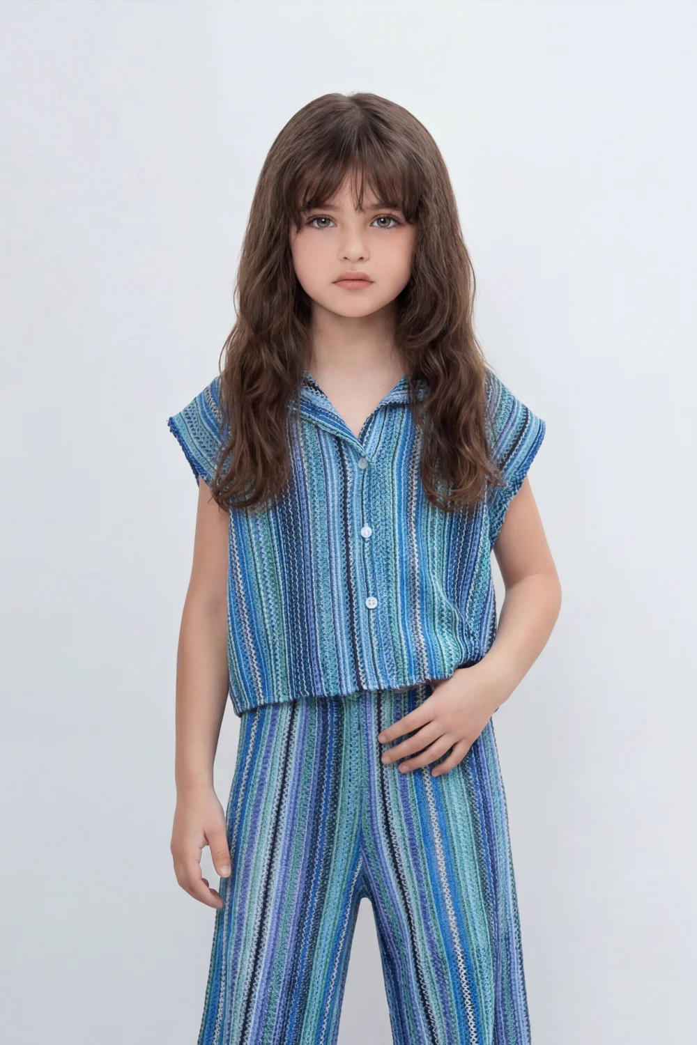 Girl's Tomato Store Prism Stripe Co-Ord Set With Allover Space Dyed Stripe Pattern Raised Rib Texture Outfit - Image 4
