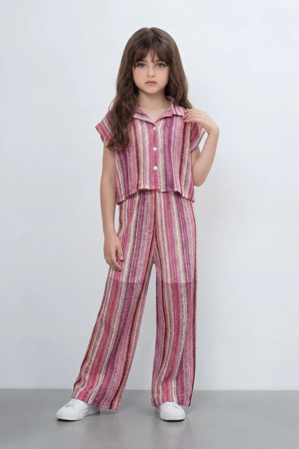 Girl's Tomato Store Prism Stripe Co-Ord Set With Allover Space Dyed Stripe Pattern Raised Rib Texture Outfit - Image 5