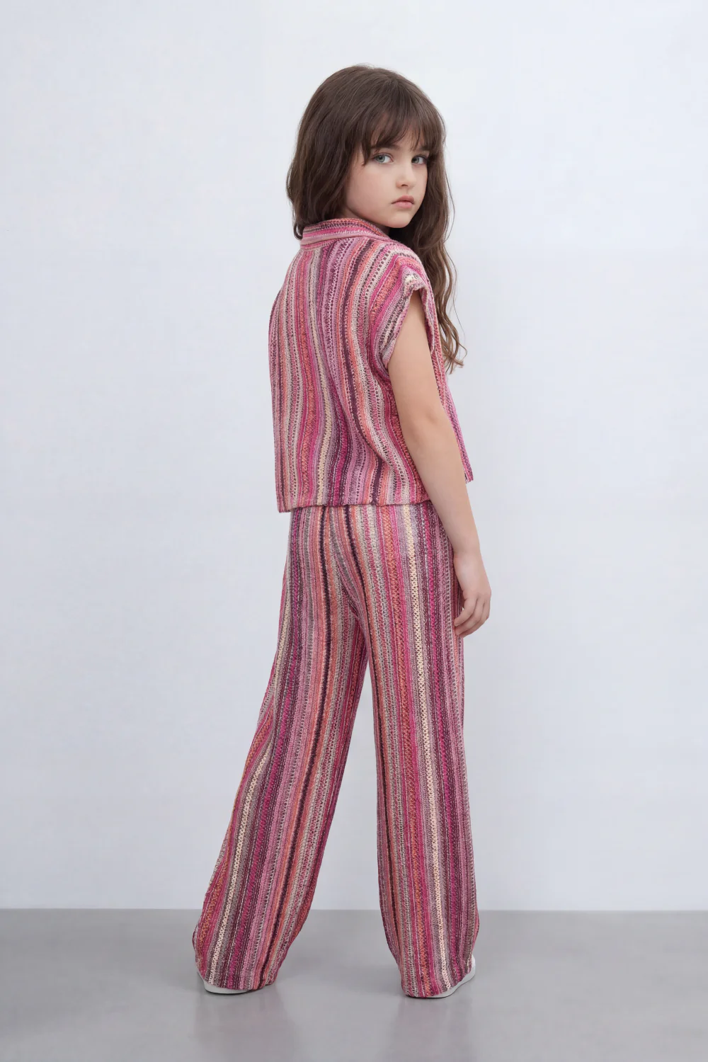 Girl's Tomato Store Prism Stripe Co-Ord Set With Allover Space Dyed Stripe Pattern Raised Rib Texture Outfit - Image 6