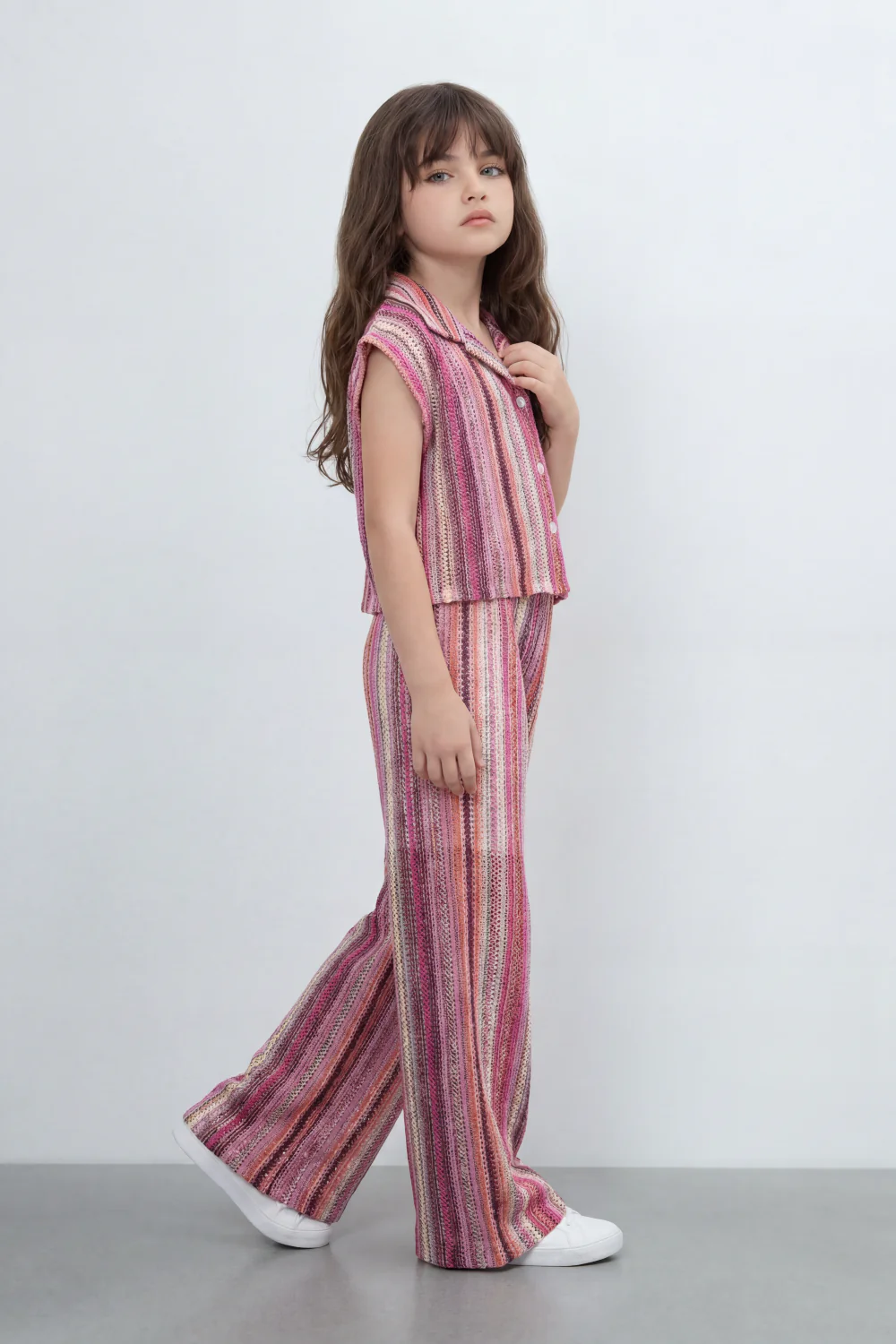 Girl's Tomato Store Prism Stripe Co-Ord Set With Allover Space Dyed Stripe Pattern Raised Rib Texture Outfit - Image 7