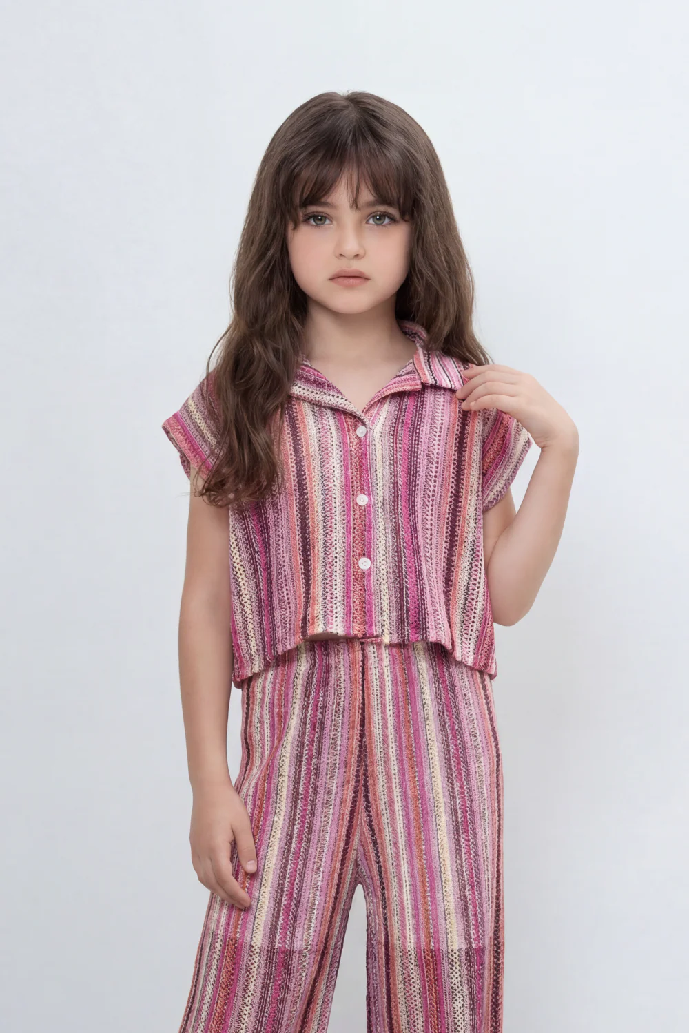 Girl's Tomato Store Prism Stripe Co-Ord Set With Allover Space Dyed Stripe Pattern Raised Rib Texture Outfit - Image 8