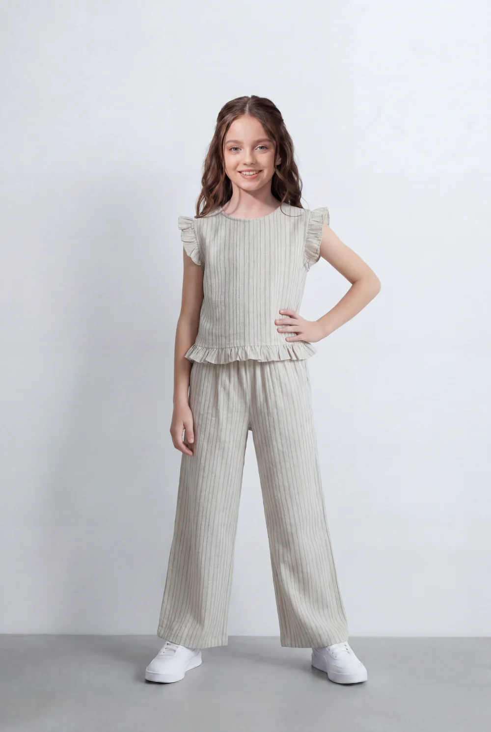 Girl's Tomato Store Ribbed Co-Ord Set Matching Ruffle Vertical Texture Design Frill Shoulder Out fit