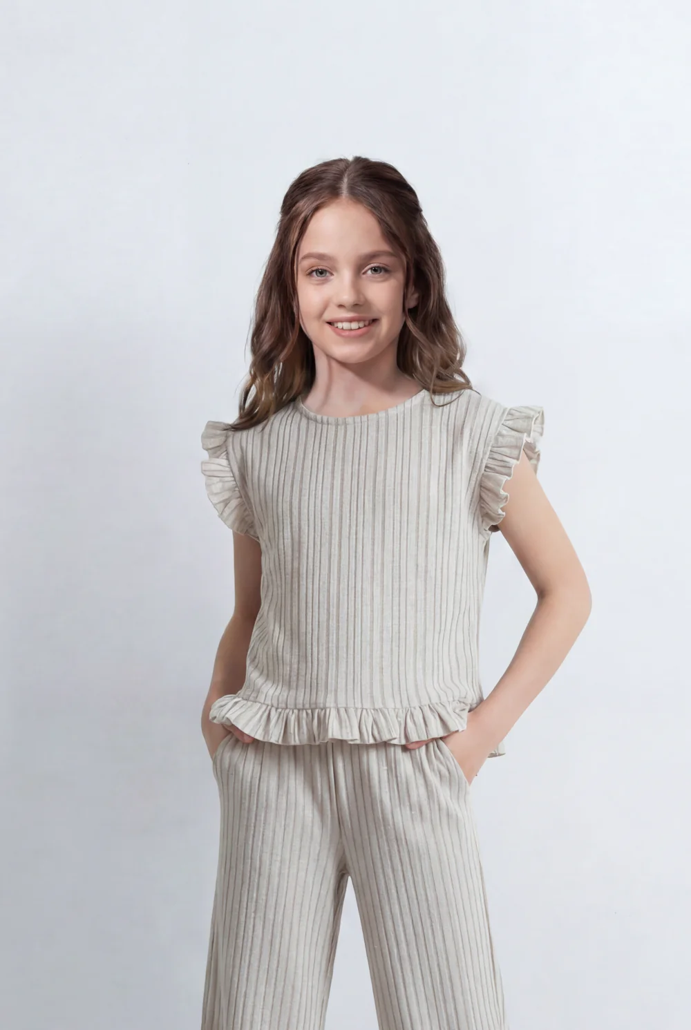 Girl's Tomato Store Ribbed Co-Ord Set Matching Ruffle Vertical Texture Design Frill Shoulder Out fit - Image 3