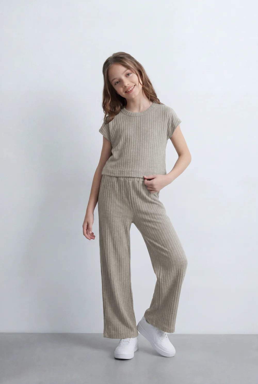 Girl's Tomato Store Ribbed Co-Ord Set Matching Top And Pants Vertical Texture Design Slim Fit Outfit